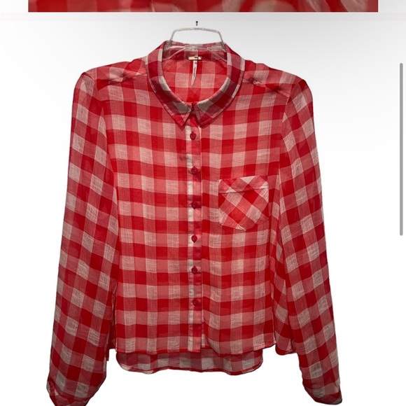 Free People Red and White Checkered Button Down Shirt - Picture 2 of 7